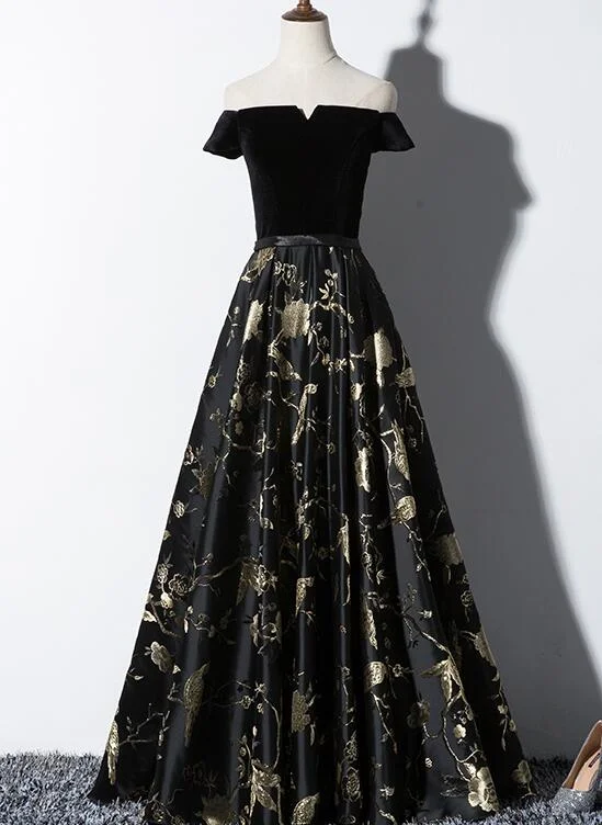 Black Off Shoulder Velvet and Floral Long Party Dress, Prom Dress Tunics Custom made Black Off Shoulder Velvet and Floral Long Party Dress, Prom Dress Tunics Custom made
