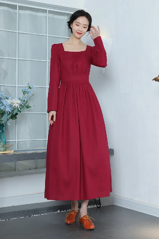 Spring Wine Red Vintage Inspired Linen Dress 3370 Tunics Fashionable chic
