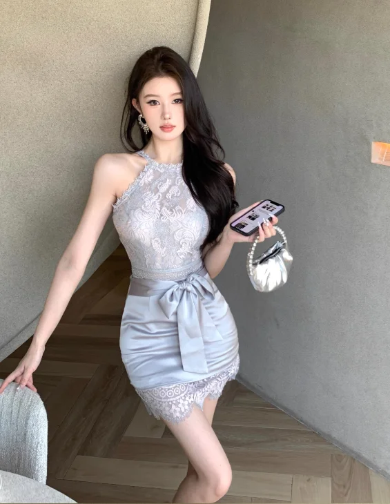 Temperament sexy lace stitching sleeveless slim dress Tunics Bridal satin