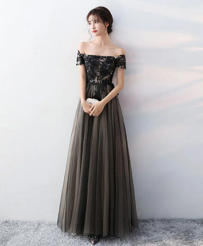 Black Lace Tulle Long Prom Dress, Black Formal Party Dress Tunics Chic elegant