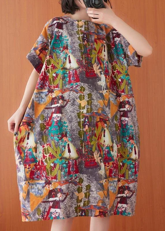 Women Print O-Neck Cotton Linen Party Dress Summer Tunics Top rated