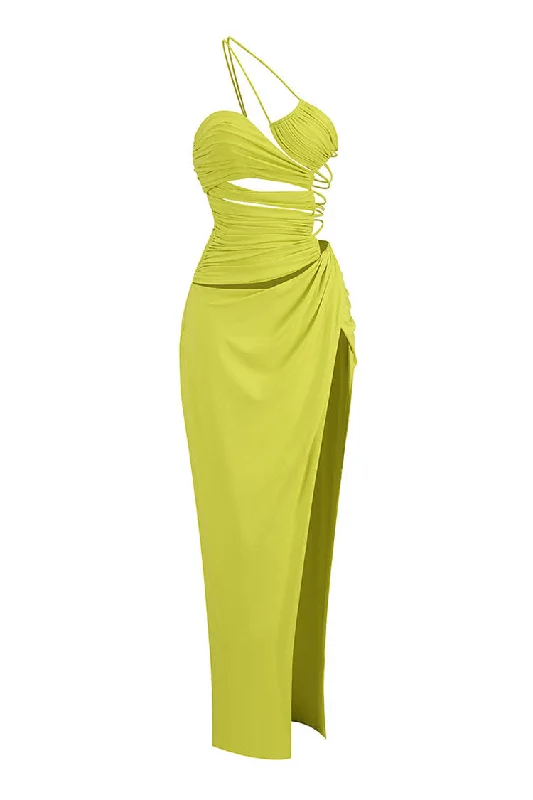Sexy Strappy One Shoulder Ruched Cutout Backless Split Maxi Evening Dress Tunics Leisure comfortable