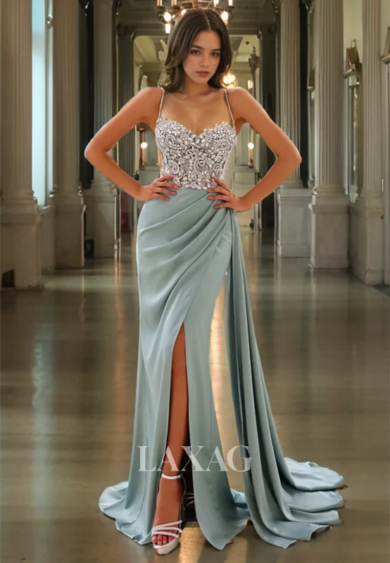 Spaghetti Straps Sweetheart Beaded Pleated Prom Dress Sleeveless Applique Party Dress with Sweep Train Tunics Essential wardrobe Spaghetti Straps Sweetheart Beaded Pleated Prom Dress Sleeveless Applique Party Dress with Sweep Train Tunics Essential wardrobe