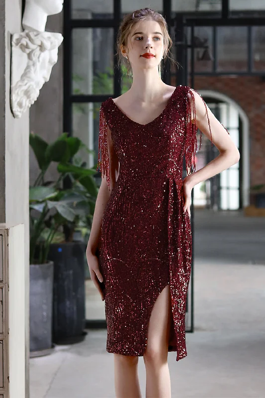 Burgundy Bodycon Sequin Cocktail Party Dress with Fringe Tunics Canvas sturdy