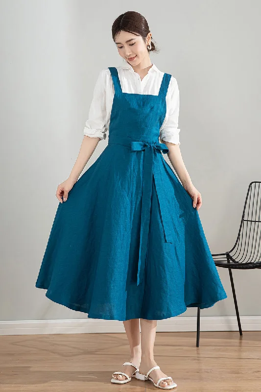 Blue Midi Linen Apron Dress 4202 Tunics Sophisticated sleek