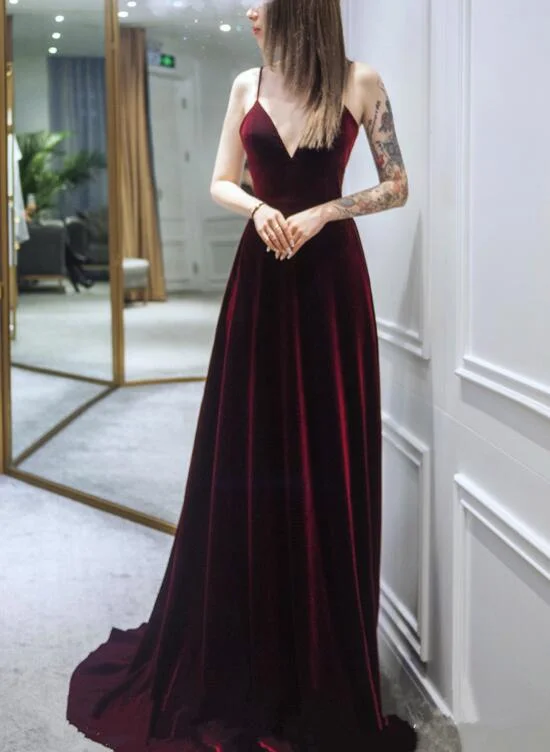 Dark Red Straps Velvet Deep V-neckline Party Gown, Beautiful Wedding Party Dress Tunics Review highly Dark Red Straps Velvet Deep V-neckline Party Gown, Beautiful Wedding Party Dress Tunics Review highly