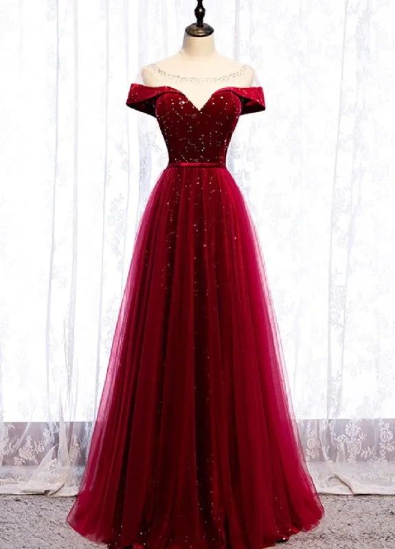 Glam Wine Red Tulle with Velvet Long Party Dress, Dark Red Formal Dress Prom Dress Tunics Top Casual Glam Wine Red Tulle with Velvet Long Party Dress, Dark Red Formal Dress Prom Dress Tunics Top Casual