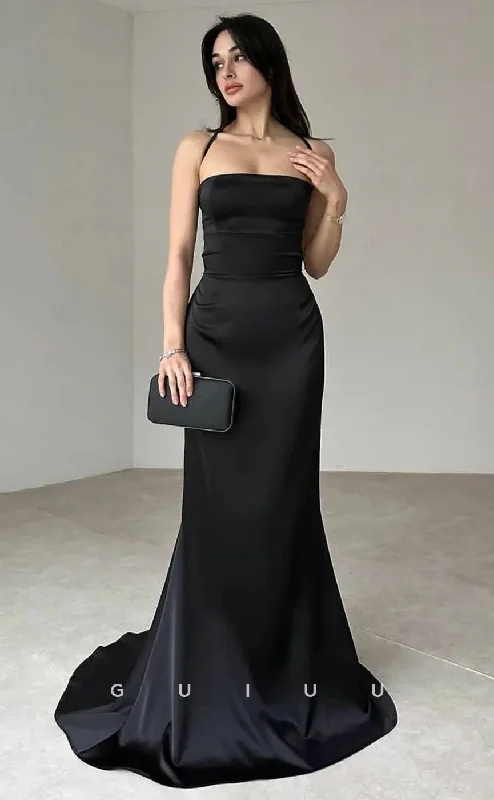 G4045 - Mermaid Halter Sleeveless Black Stain Pleats Open Back Prom Party Dress with Train Tunics Chinos classic G4045 - Mermaid Halter Sleeveless Black Stain Pleats Open Back Prom Party Dress with Train Tunics Chinos classic