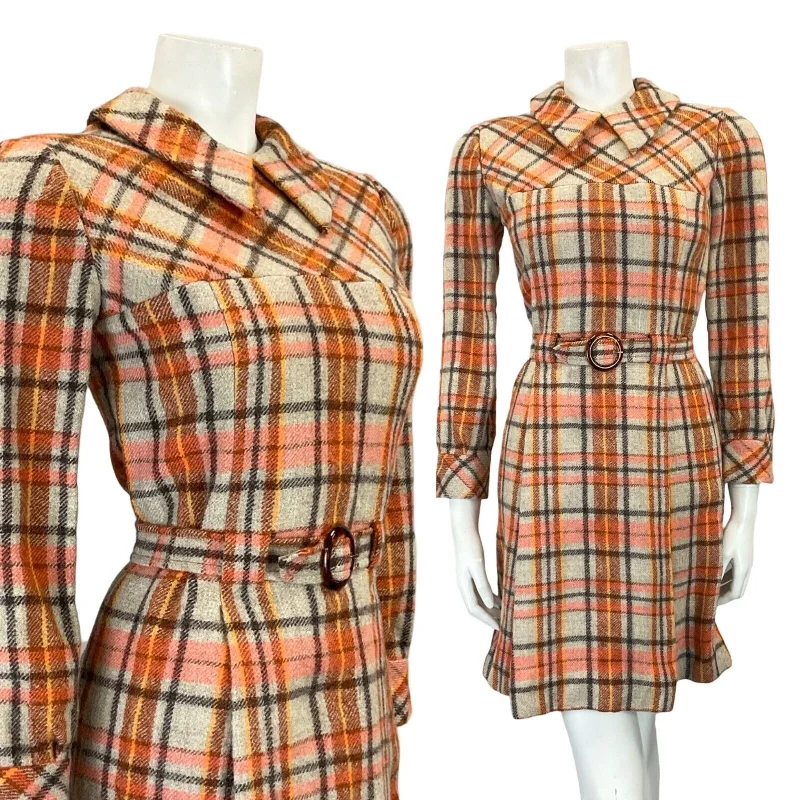 VTG 60S ORANGE GREY BROWN TARTAN PLAID MOD DAGGER COLLAR PLEATED WOOL DRESS 4 Tunics Floral girly VTG 60S ORANGE GREY BROWN TARTAN PLAID MOD DAGGER COLLAR PLEATED WOOL DRESS 4 Tunics Floral girly