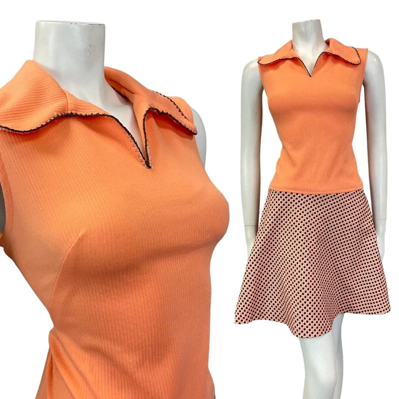 VINTAGE 60s 70s PEACH BROWN WHITE CHECKERBOARD MOD BEAGLE COLLAR SWING DRESS 14 Tunics Stylish elegant