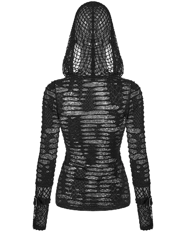 Punk Rave Womens Apocalyptic Gothic Grunge Shredded Mesh Hooded Top Hoodie Black Hoodie with Earth Tones Natural Calm Punk Rave Womens Apocalyptic Gothic Grunge Shredded Mesh Hooded Top Hoodie Black Hoodie with Earth Tones Natural Calm