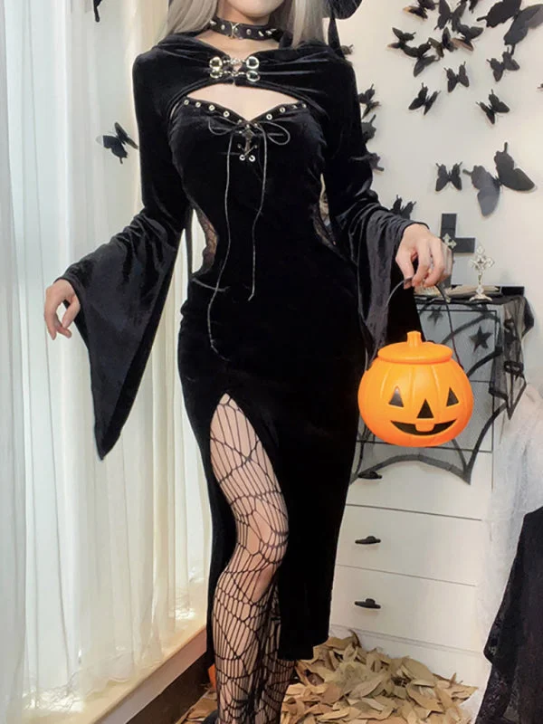 Halloween New Hooded Flare Sleeve Spider Web Dress Tunics Corduroy durable