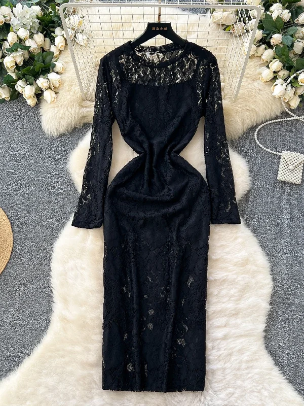 Elegance Black Long Sleeve Lace Dress Tunics Travel practical