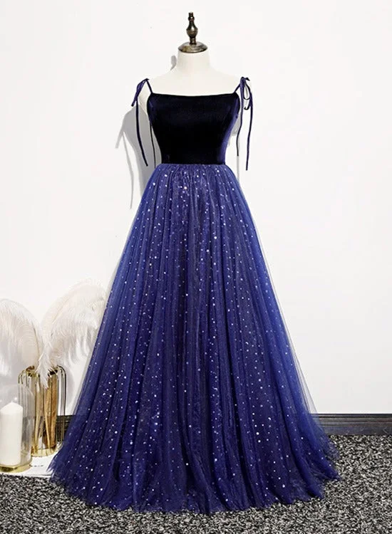 Blue Sparkle Tulle with Velvet Top Straps Long Formal Dress, A-line Simple Party Dress Tunics Office stylish Blue Sparkle Tulle with Velvet Top Straps Long Formal Dress, A-line Simple Party Dress Tunics Office stylish