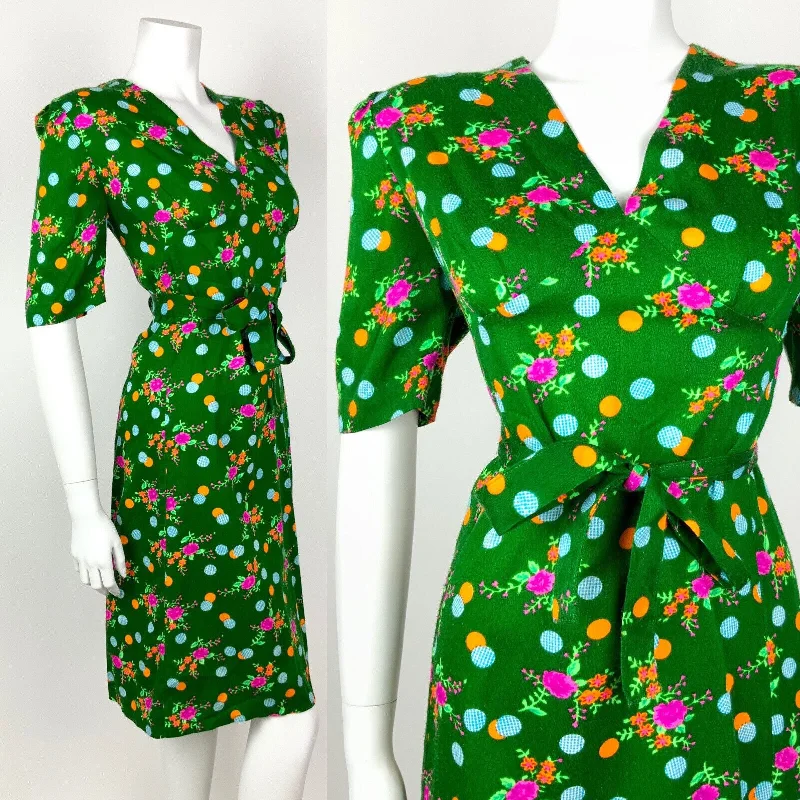 VINTAGE 60s 70s GREEN PINK ORANGE BLUE DOTTY FLORAL BELTED DRESS 14 16 Tunics Denim casual VINTAGE 60s 70s GREEN PINK ORANGE BLUE DOTTY FLORAL BELTED DRESS 14 16 Tunics Denim casual