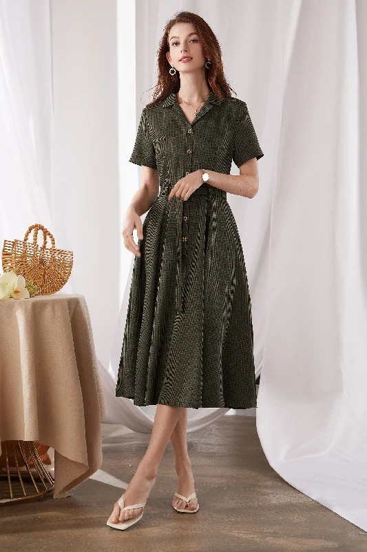 Dark green plaid  Button front Dress 3383# Boatneck Modish Everyday