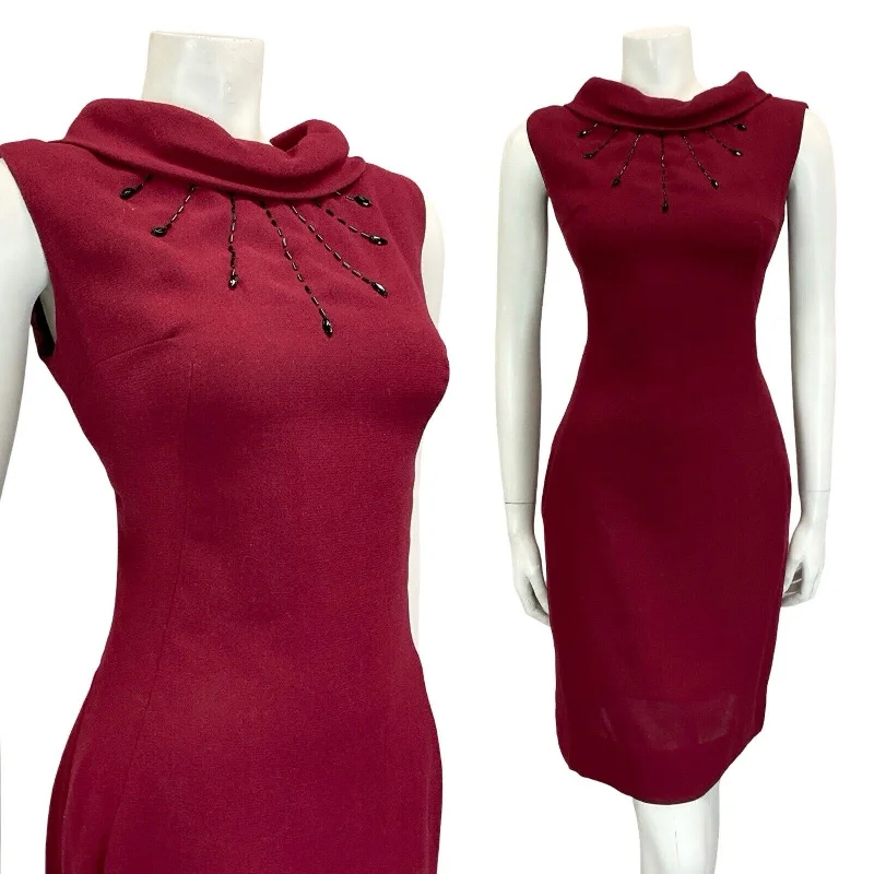 VTG 60S BERRY RED BLACK BEADED BOAT NECK SLEEVELESS PARTY MIDI PENCIL DRESS 12 Tunics Business professional VTG 60S BERRY RED BLACK BEADED BOAT NECK SLEEVELESS PARTY MIDI PENCIL DRESS 12 Tunics Business professional