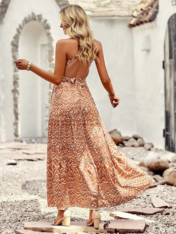 Women's Bohemian Halter Neck Waist Design Pattern Casual Holiday Dress Tunics Polka dots