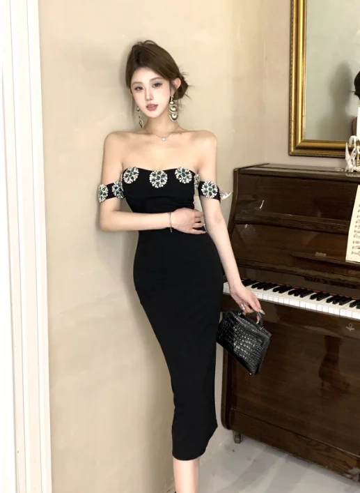 Celebrity temperament diamond backless slim split dress Tunics Luxurious high-end