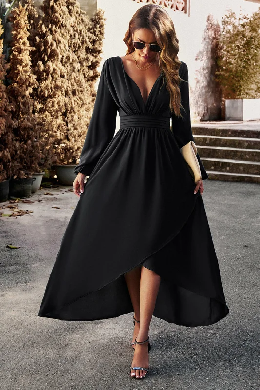 Long Sleeves Black Holiday Party Dress with Pleated Tunics Running lightweight