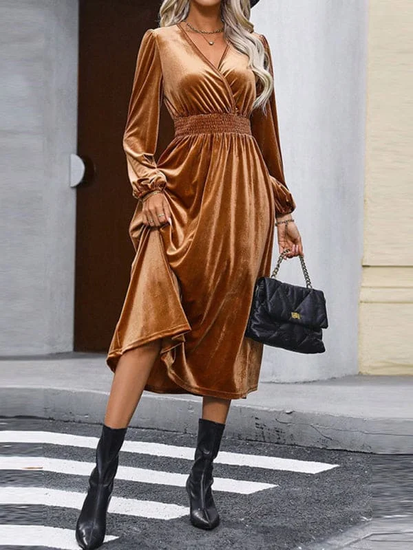 Women's elegant commuting V-neck pleated high-waisted long dress Shift Classic Vintage Women's elegant commuting V-neck pleated high-waisted long dress Shift Classic Vintage