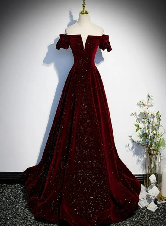 Beautiful Wine Red Off Shoulder Velvet Long Party Dress, A-line Dark Red Prom Dresses Tunics Chinos classic Beautiful Wine Red Off Shoulder Velvet Long Party Dress, A-line Dark Red Prom Dresses Tunics Chinos classic