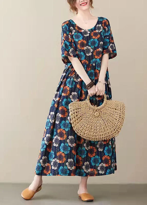Elegant Blue O-Neck Print Summer Party Dress Half Sleeve Tunics Stylish modern