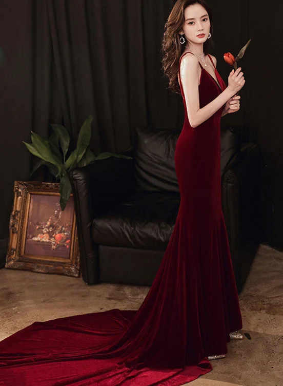 Charming V-neckline Mermaid Velvet Evening Gown Wedding Party Dress, Dark Red Long Prom Dress Tunics Trousers formal Charming V-neckline Mermaid Velvet Evening Gown Wedding Party Dress, Dark Red Long Prom Dress Tunics Trousers formal