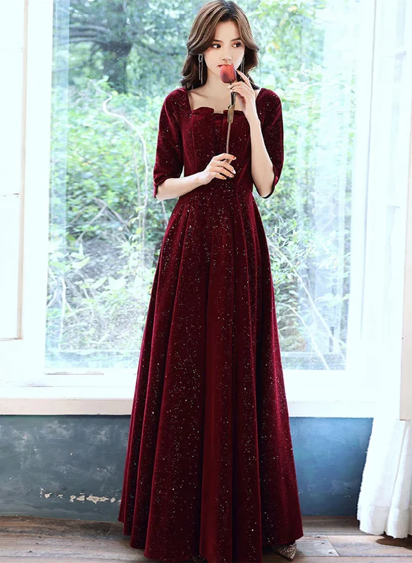 Wine Red Velvet Short Sleeves Long Wedding Party Dress, Wine Red Prom Dress Tunics Cozy comfortable Wine Red Velvet Short Sleeves Long Wedding Party Dress, Wine Red Prom Dress Tunics Cozy comfortable