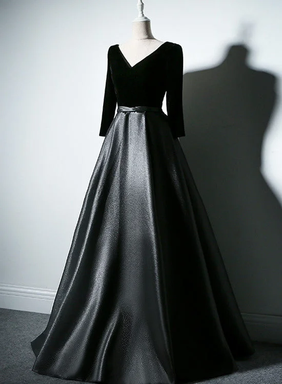 Black Satin And Velvet Long Sleeves Party Dress, Black Wedding Party Dresses Tunics Vintage classic Black Satin And Velvet Long Sleeves Party Dress, Black Wedding Party Dresses Tunics Vintage classic
