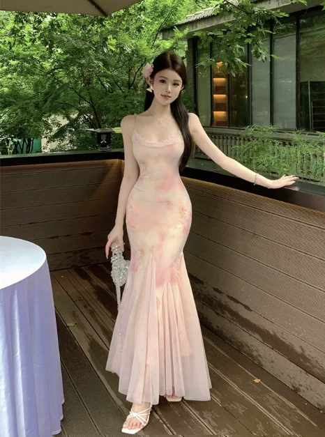 Gentle temperament floral mesh slim sling dress Crew Neckline Casual