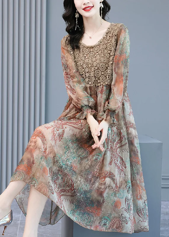 Fitted O-Neck Print Lace Patchwork Chiffon Party Dress lantern sleeve Tunics Designer luxury Fitted O-Neck Print Lace Patchwork Chiffon Party Dress lantern sleeve Tunics Designer luxury