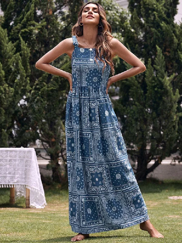 BerriesJam - Bohemian Strap Tie Up A-line Print Beach Long Dress Boatneck Modish Everyday BerriesJam - Bohemian Strap Tie Up A-line Print Beach Long Dress Boatneck Modish Everyday