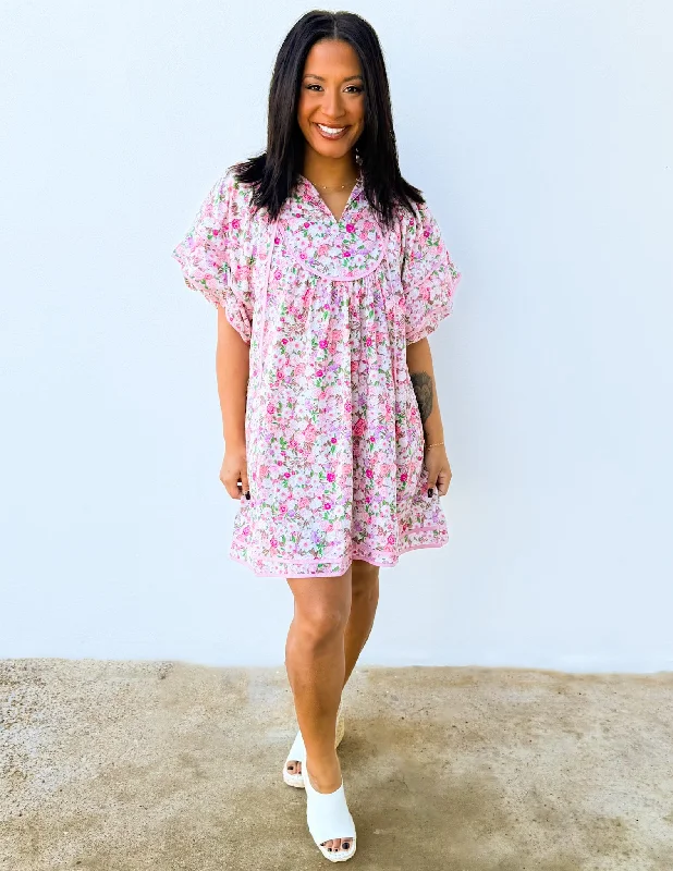 Roses Are Red Puff Sleeve Floral Dress Tunics Short Trendy