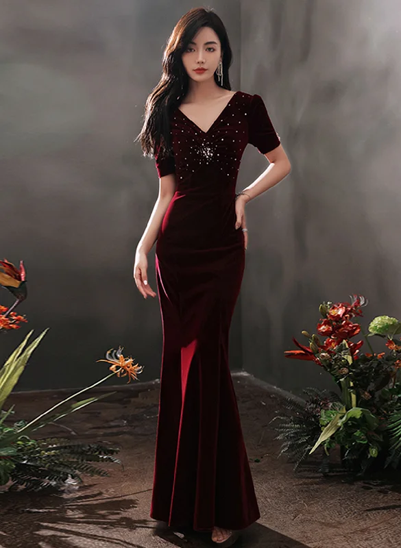 Wine Red Velvet Beaded Short Sleeves Long Party Dress, Wine Red Mermaid Prom Dress Tunics Sophisticated sleek Wine Red Velvet Beaded Short Sleeves Long Party Dress, Wine Red Mermaid Prom Dress Tunics Sophisticated sleek