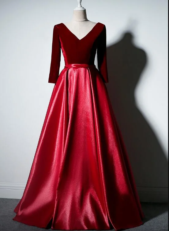 Beautiful Long Sleeves Velvet and Satin Party Dress, V-neckline Prom Dress Tunics Brand named Beautiful Long Sleeves Velvet and Satin Party Dress, V-neckline Prom Dress Tunics Brand named