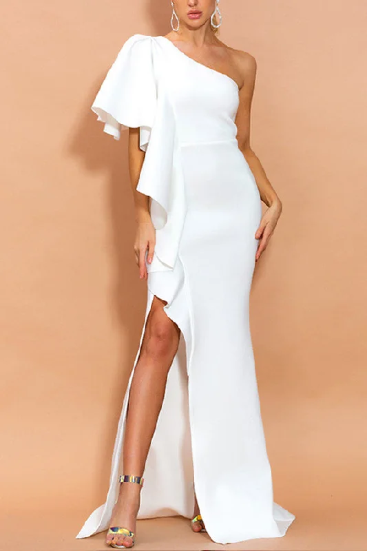 One Shoulder White Evening Party Dress Tunics Cozy soft