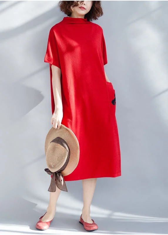 Boutique Red Solid Turtle Neck Cotton Party Dress Short Sleeve Tunics Versatile stylish Boutique Red Solid Turtle Neck Cotton Party Dress Short Sleeve Tunics Versatile stylish