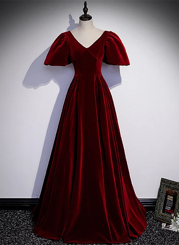 Wine Red Velvet Puffy Short Sleeves Party Dress, Velvet Long Bridesmaid Dress Pencil Length Work Wine Red Velvet Puffy Short Sleeves Party Dress, Velvet Long Bridesmaid Dress Pencil Length Work