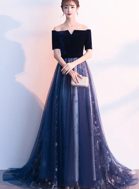 Navy Blue Short Sleeves Velvet and Tulle Party Dress, A-line Formal Gown, Prom Dress Tunics Party sparkling Navy Blue Short Sleeves Velvet and Tulle Party Dress, A-line Formal Gown, Prom Dress Tunics Party sparkling
