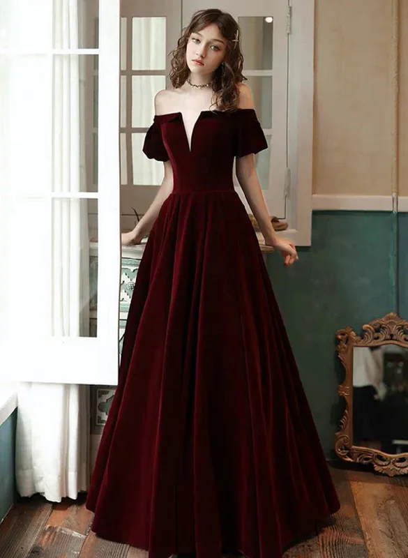 Wine Red Velvet Off Shoulder Long Party Dress, A-line Velvet Long Prom Dress Tunics Luxurious high-end Wine Red Velvet Off Shoulder Long Party Dress, A-line Velvet Long Prom Dress Tunics Luxurious high-end