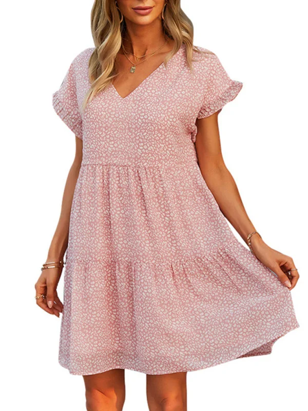 Women's Woven V-Neck Printed Loose Short Sleeve Chiffon Dress Tunics Cozy comfortable Women's Woven V-Neck Printed Loose Short Sleeve Chiffon Dress Tunics Cozy comfortable