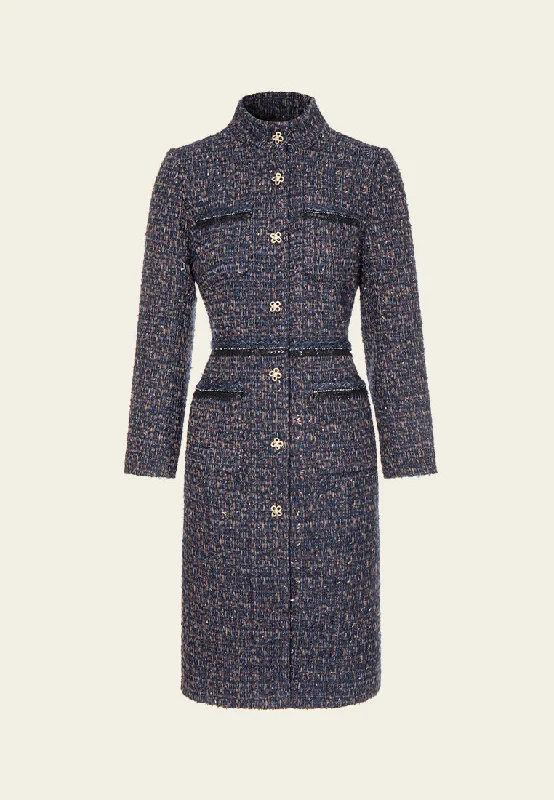Mixed Tweed Embellished-trim Stand Collar Dress Tunics Luxurious premium