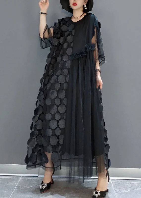Black Tulle Party Dresses O-Neck Asymmetrical Half Sleeve Tunics Vintage classic