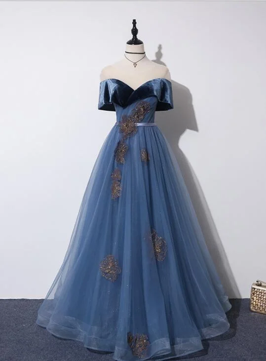 Blue Off Shoulder Velvet and Tulle A-line New Style Prom Dress, Blue Party Dress Evening Dress Tunics Corduroy durable