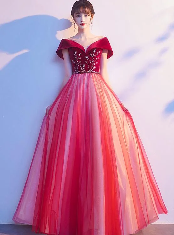 Red Tulle Velvet Top Beaded Off Shoulder Long Party Dress, A-line Red Prom Dresses Tunics Canvas sturdy Red Tulle Velvet Top Beaded Off Shoulder Long Party Dress, A-line Red Prom Dresses Tunics Canvas sturdy