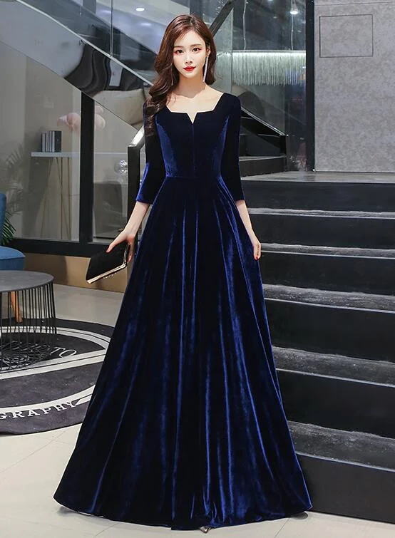 Navy Blue Velvet Long A-line Simple Style Bridesmaid Dresses, Elegant Party Dress Prom Dress Tunics Fall fleece Navy Blue Velvet Long A-line Simple Style Bridesmaid Dresses, Elegant Party Dress Prom Dress Tunics Fall fleece