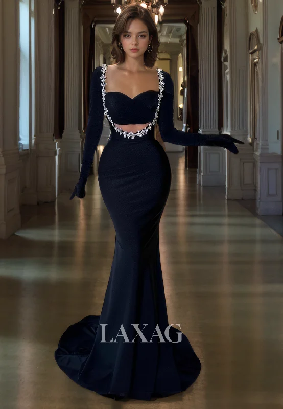 Sweetheart Beaded Sleek Satin Mermaid Party Dress Long-Sleeves Pleated Train Prom Dress Tunics Recommended stylist
