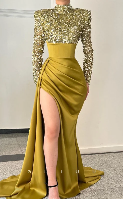 G2653 - Elegant & Luxurious High Neck Sequins Beaded Prom Evening Party Dress With Slit Crew Neckline Sporty G2653 - Elegant & Luxurious High Neck Sequins Beaded Prom Evening Party Dress With Slit Crew Neckline Sporty