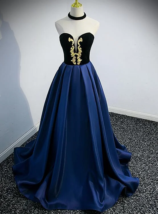Beautiful Navy Blue Satin Halter Long Party Dress, Satin with Velvet Prom Dress Halter Neckline Beach Beautiful Navy Blue Satin Halter Long Party Dress, Satin with Velvet Prom Dress Halter Neckline Beach
